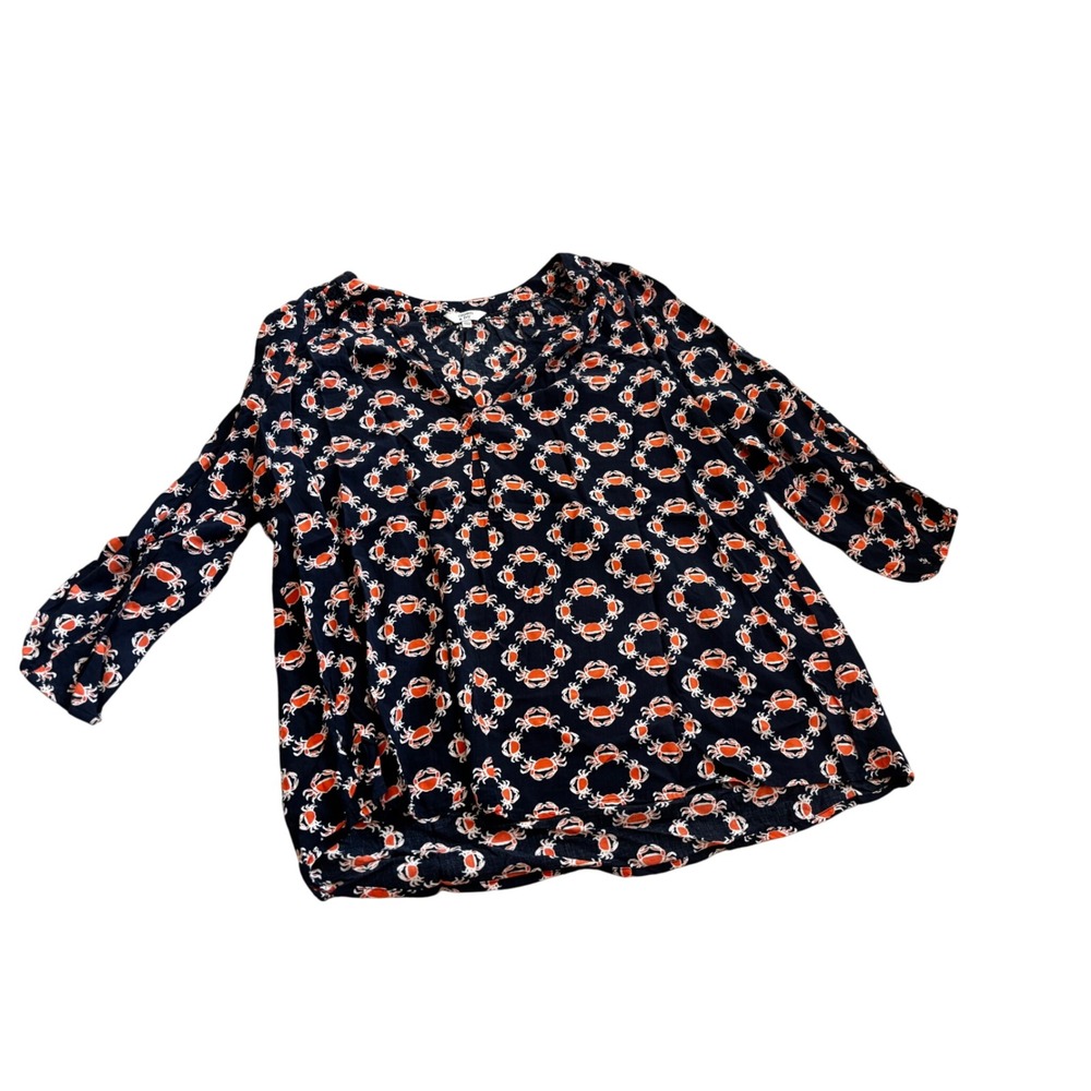 Crown & Ivy Blouse XL Navy Blue Orange Crab Print Nautical Coastal Rayon Top